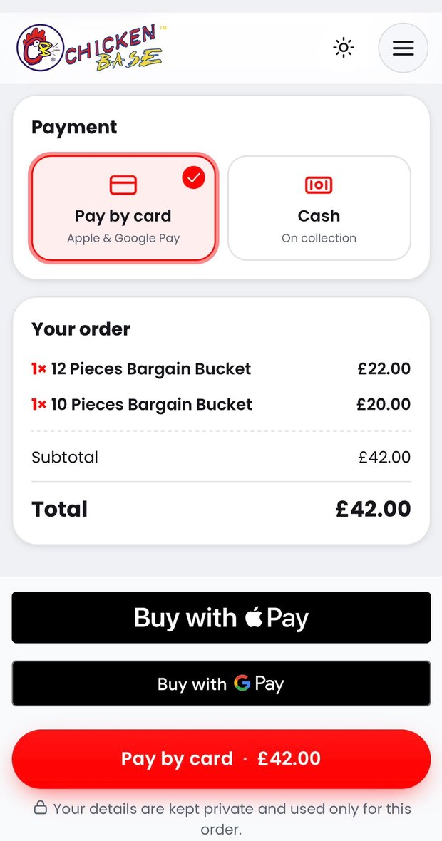 Checkout with Apple Pay, Google Pay, card or cash